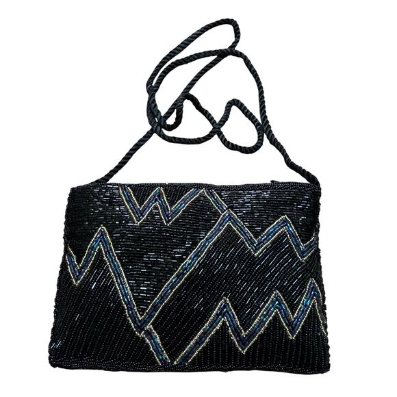 Vintage 1980’s black & blue beaded evening bag flapper prom purse mod geometric - Picture 1 of 12